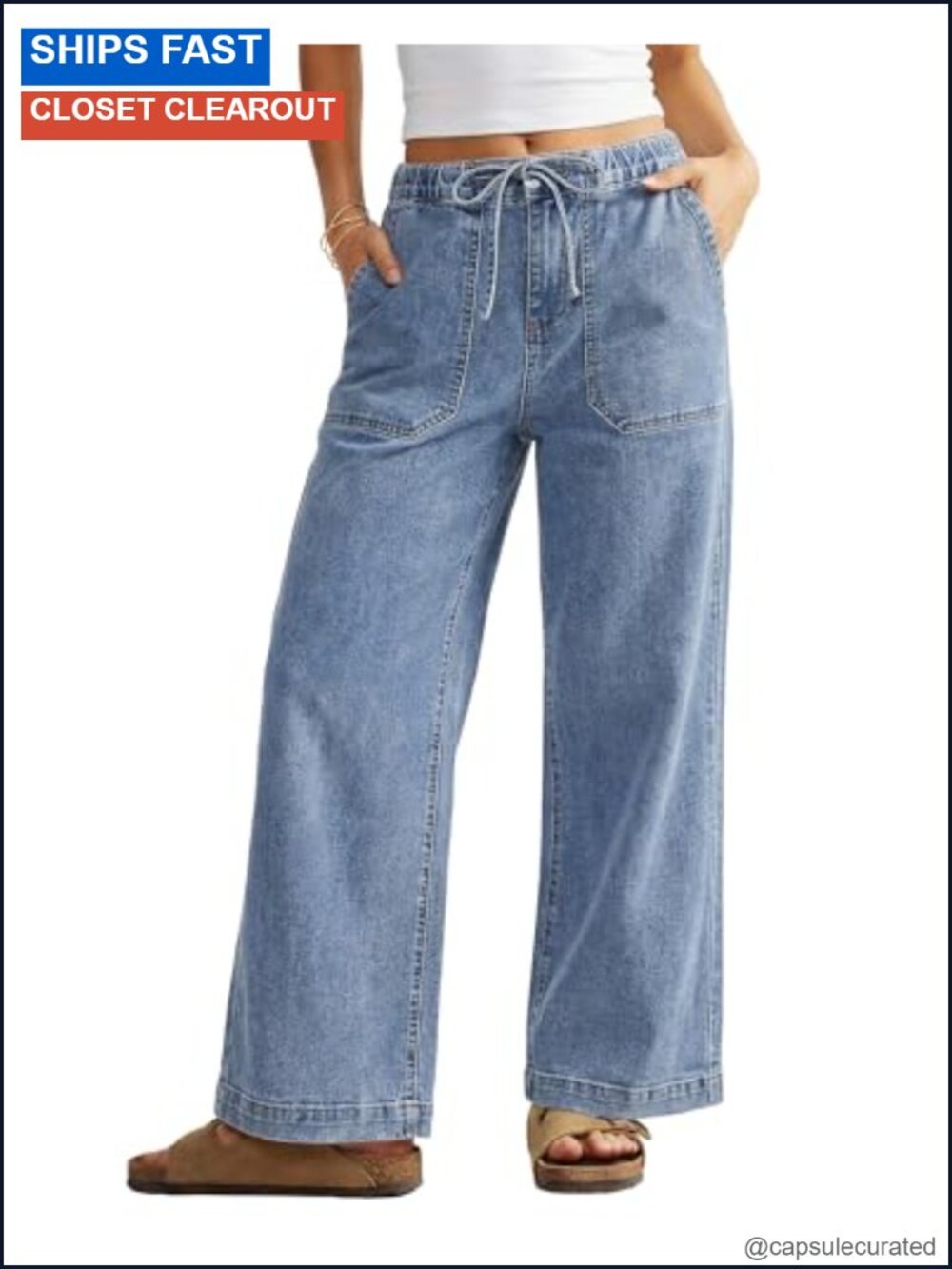 Wide Leg High Waist Jeans with Drawstring Tie & Stretchy Denim